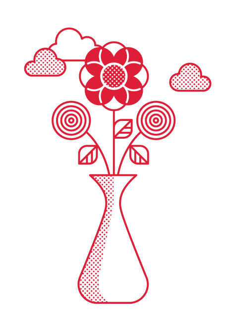 Illustration of a vase of flowers.