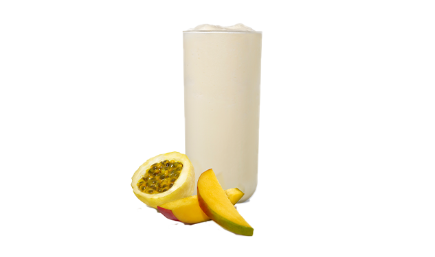 A glass of Mango Passion Frosted Lemonade with fresh sliced mango and passion fruit.