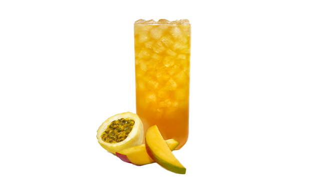 A glass of Mango Passion Sunjoy® with fresh sliced mango and passion fruit.