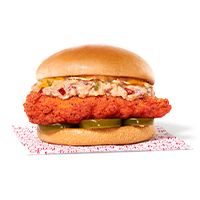 Spicy Honey Pepper Pimento Chicken Sandwich with chicken, pimento cheese, jalapeños, on a bun.