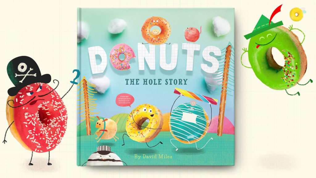 A children's book cover titled "Donuts: The Hole Story" with playful donut characters.