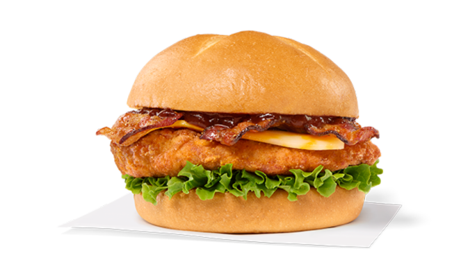 Original Smokehouse BBQ Bacon Sandwich with chicken, bacon, cheese, lettuce, and barbecue sauce on a bun.