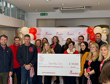 People from the Hospitality Action organization standing together smiling and holding a large check