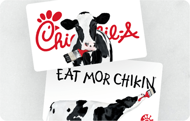 Gift card with cow paining "Eat Mor Chikin" and a gift card with a cow with the Chick-fil-A logo in the background.