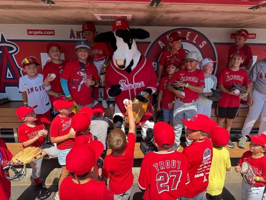 Chick-fil-A cow mascot poses in the dugout with a large group of smiling Little League players in Angels uniforms.