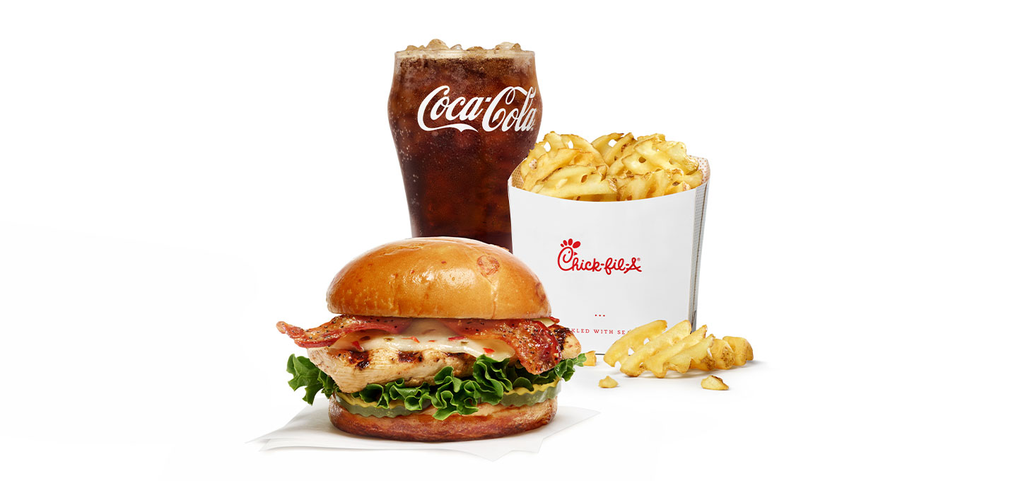 Maple Pepper Bacon Sandwich, waffle fries and a coca cola