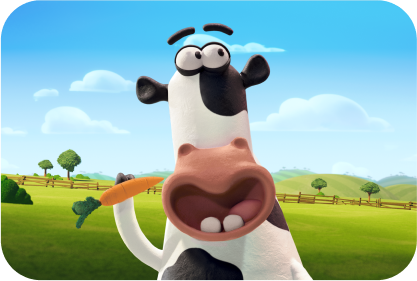 Animated cow with large eyes holding a carrot in a green pasture.