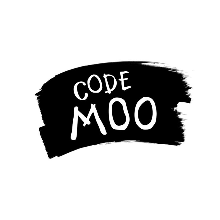 "CODE MOO" in white text on a black brushstroke background.