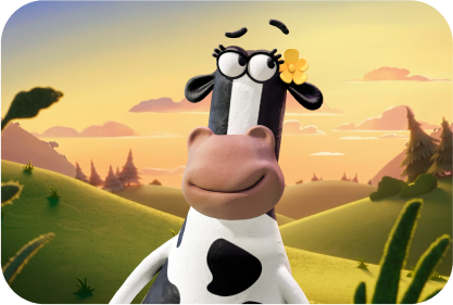 Animated cow with wide eyes and a yellow flower on a hilly landscape at sunset.