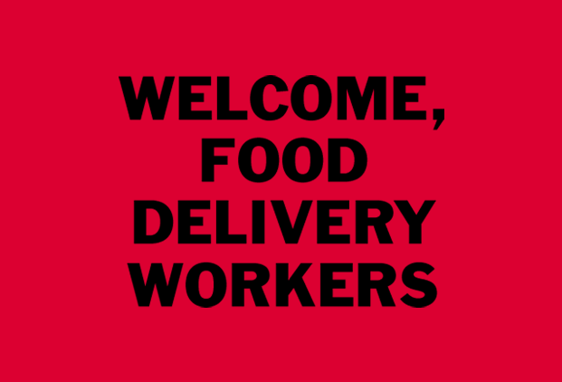 Animated text on a red background transitions between messages welcoming food delivery workers, offering restrooms, phone charging, and a warm place to wait.