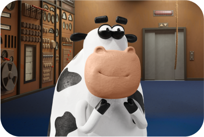 Animated cow with oversized snout in a control room with dials and an elevator.