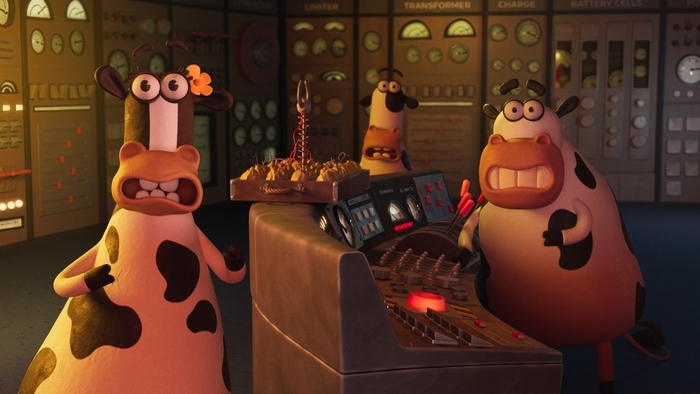 Scene from  Chick-fil-A’s “Udder Chaos” Animated Short showingAnimated cows in a control room with a panel full of buttons and dials.