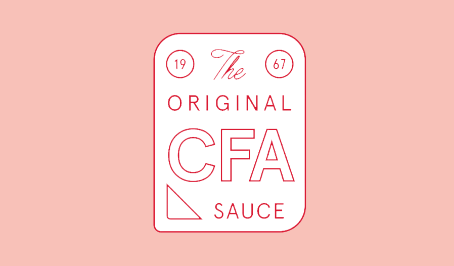White label with the text "The Original CFA Sauce" and geometric designs on a pink background.