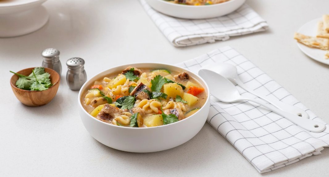 A bowl of chicken noodle soup with pasta, potatoes, and cilantro on a white table with utensils and seasonings.
