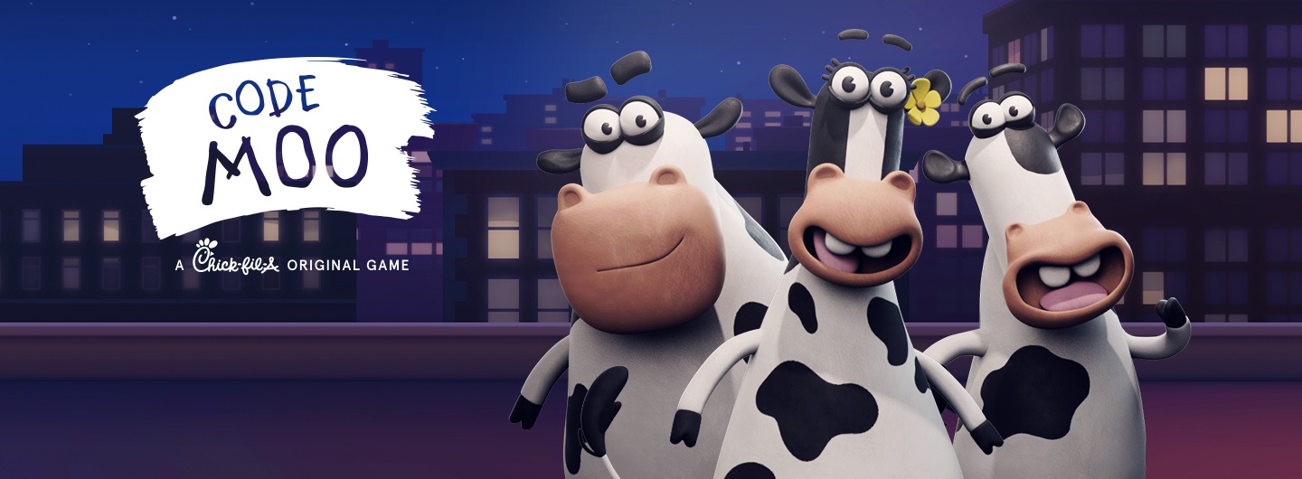Three cartoon cows in a cityscape with "CODE MOO" and "A Chick-fil-A ORIGINAL GAME" text.