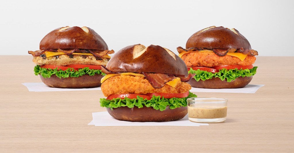 Three versions of the Pretzel Cheddar Club; Original, Spicy and Grilled.