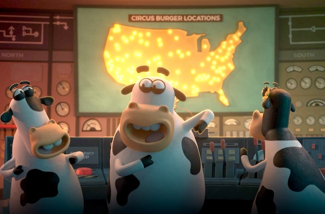 Three cartoon cows in a control room with a US map showing "Circus Burger Locations."