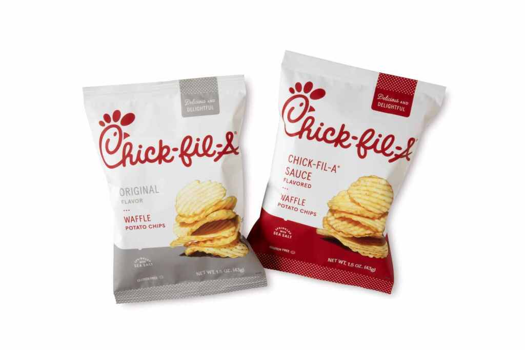 A bag of Original Flavor and a bag of Chick-fil-A Sauce flavored Waffle Potato Chips