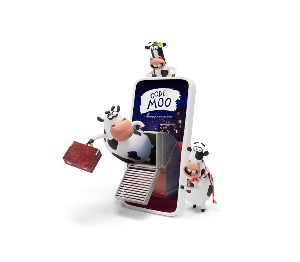 Three cartoon cows around a large smartphone displaying "Code Moo" on the screen.