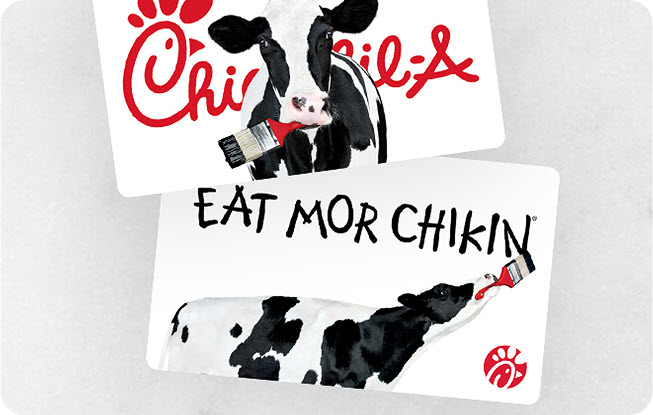 Two gift crds with different designs, featuring the Chick-fil-A cows.