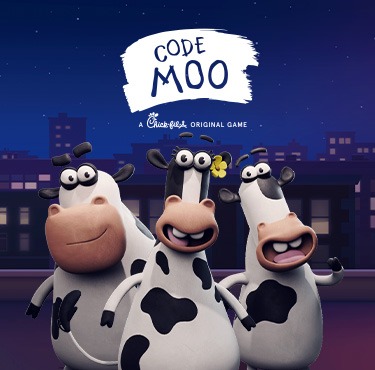Three cartoon cows in a cityscape with "CODE MOO" and "A Chick-fil-A ORIGINAL GAME" text.