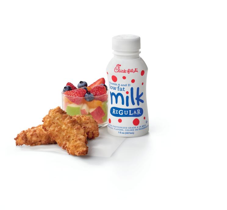 Chick-fil-A Chick-n-Strips® Kid's Meal served with fruit and milk.