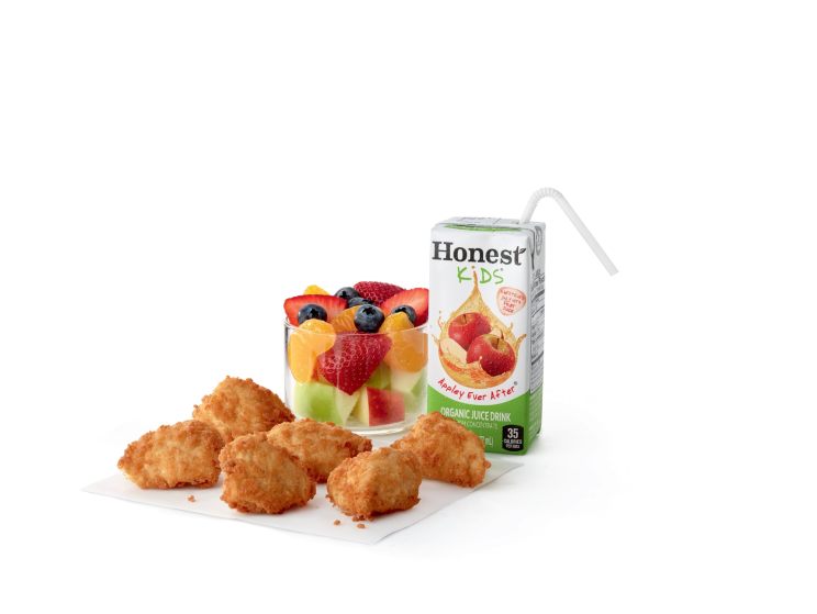 Chick-fil-A® Nuggets Kid s Meal with Fruit Cup and Honest Kids® Apple Juice.