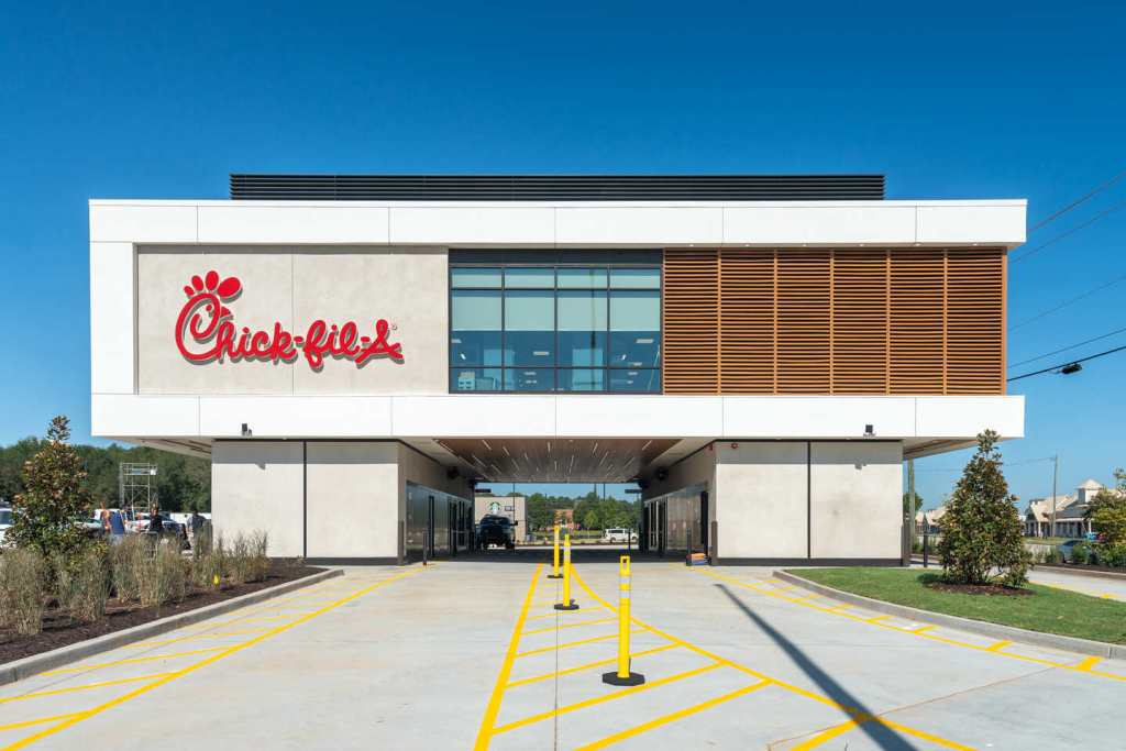 Front view of Chick-fil-A elevated drive-thru with wide entry lanes.