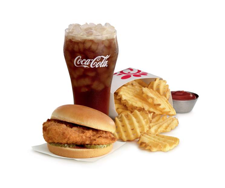 Chick-fil-A Original Sandwich Meal with waffles fries and a Coca-Cola.