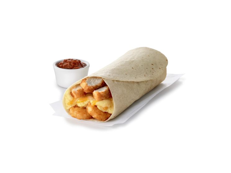 Sliced Chick-fil-A Nuggets, Hash Browns, scrambled eggs, Monterey Jack, Cheddar cheese, rolled in a flour tortilla, served with Jalapeño Salsa.