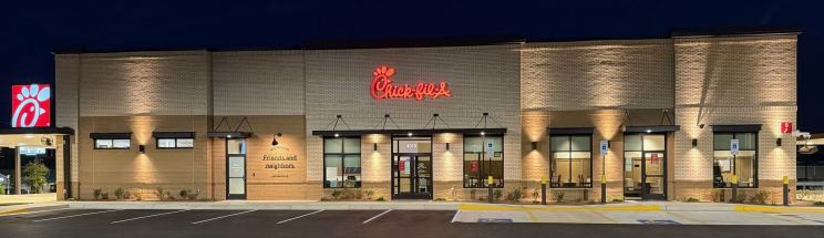 Exterior of Chick-fil-A at night.