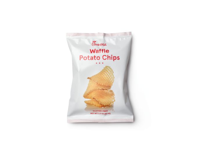 A white bag of waffle potato chips with red text that says Chick-fil-A Waffle Potato Chips and an image of chips on the front.