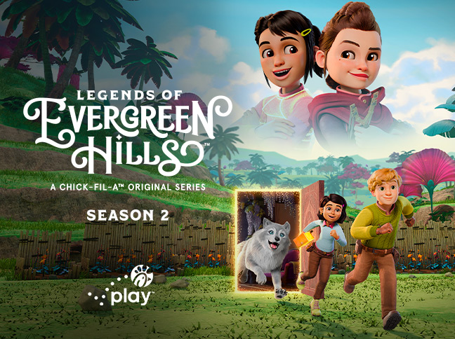 Legends of Evergreen Hills Season 3 graphic with the Sam and other characters outside 