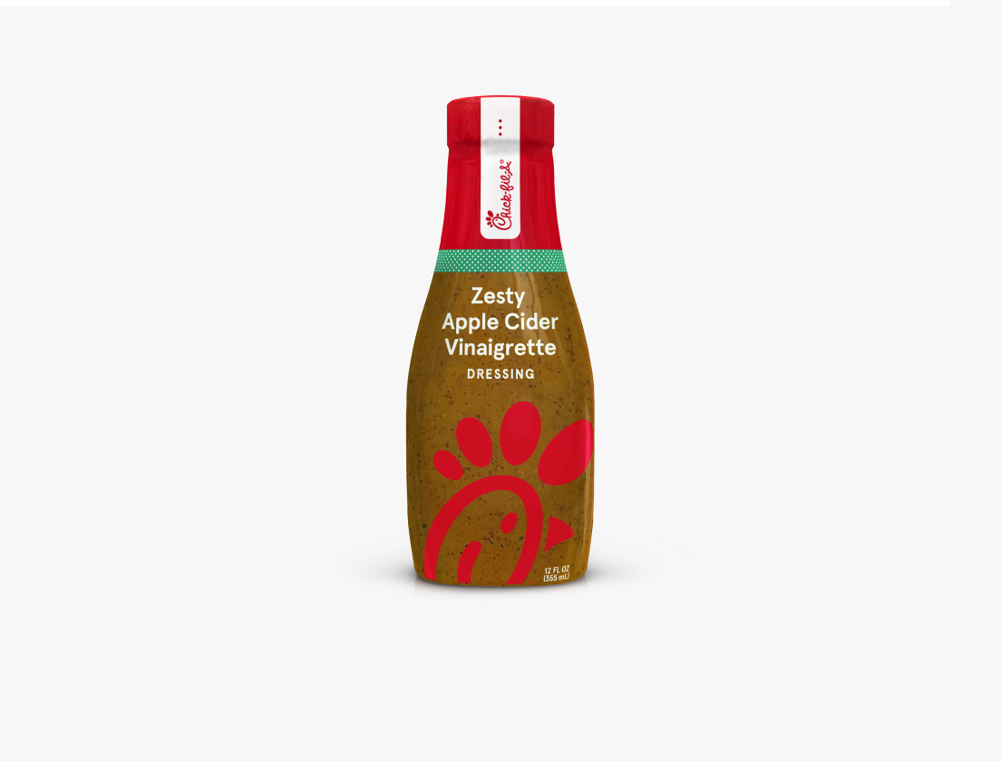 A bottle of Zesty Apple Cider Vinaigrette Dressing