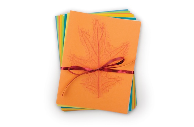 A stack of Simple Leaf Notecards with a ribbon tying them together