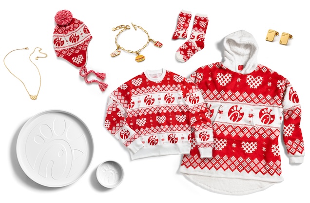 Chick-fil-A Serving Tray and Bowl Set, Chick-fil-A Waffle Potato Fries® Heart Necklace, Waffly Wonderful Earflap Pom Beanie, Chick-fil-A® #1 Meal Charm Bracelet, Waffly Wonderful Crewnecks and Chick-fil-A® Sauce Earrings