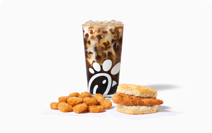 Chick-fil-A® Chicken Biscuit with Hash Browns and an Iced Coffee