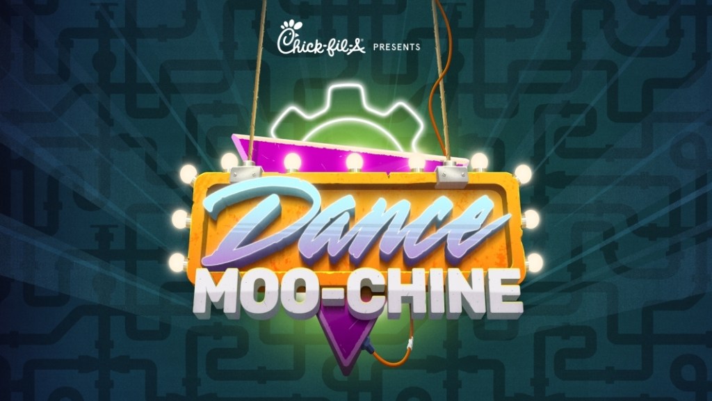 Lighted Dance Moo-chine sign with triangle and gear graphic behind it