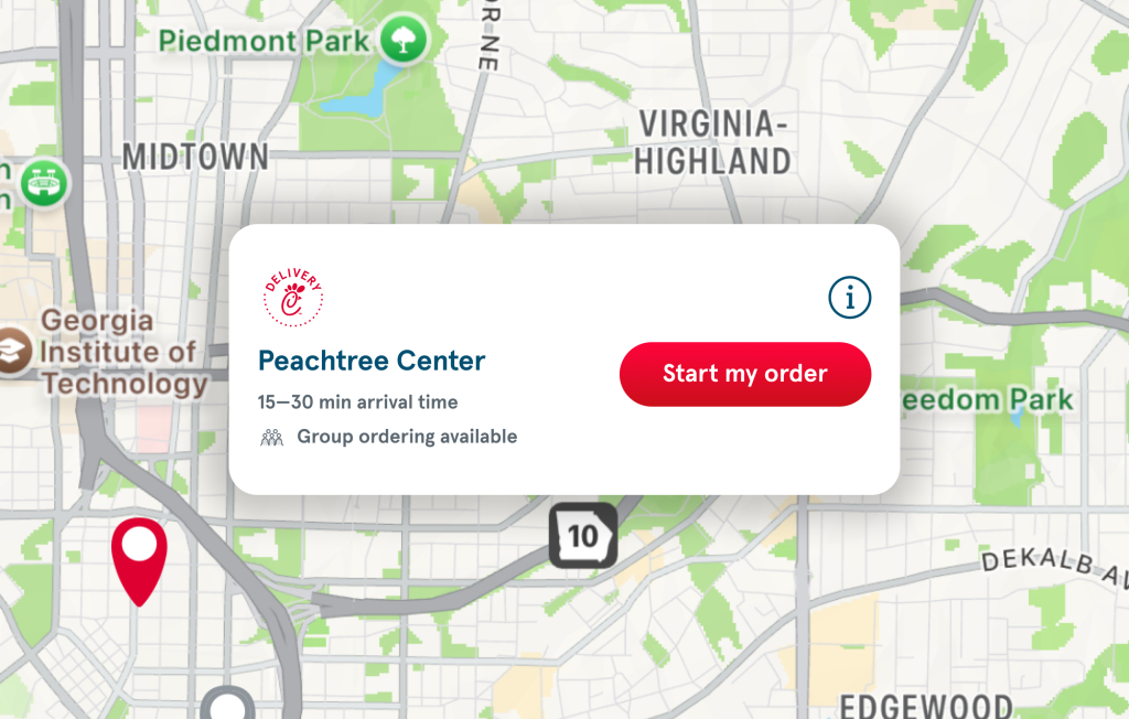 A map showing the location of a Chick-fil-A Restaurant