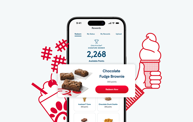 Smartphone showing the Chick-fil-A® App with milkshake, Waffle Fries and a hand holding an Icedream® cone illustration behind it