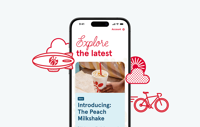 A smartphone showing the For You section of the Chick-fil-A® App with red illustrations of a blimp, clouds, and a bicycle around it