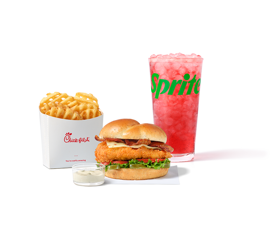 A Jalapeño Ranch Club with the Original Filet and a side of Jalapeño Ranch Sauce with Waffle Fries, and a Strawberry Hibiscus & Sprite®​