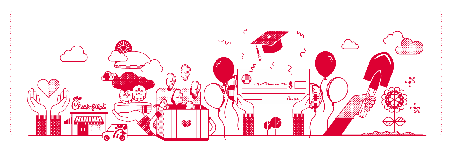 An illustration of hands holding a check, a shovel, a Chick-fil-A® Chicken Sandwich and a heart with balloons and clouds around them