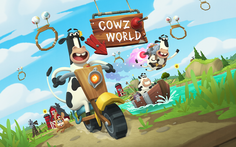 Daisy the Cow on a motorcycle driving down a dirt road with Sarge and Carrots in the background and a Cowz World sign over them