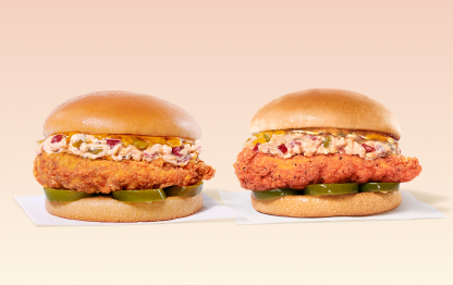 A Honey Pepper Pimento Sandwich with an original filet next to a Honey Pepper Pimento Sandwich with a spicy filet