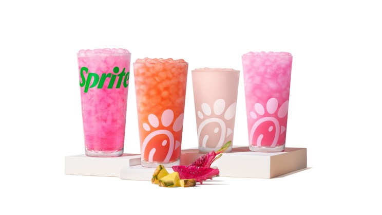 Chick-fil-A Pineapple Dragonfruit beverages sitting on risers.