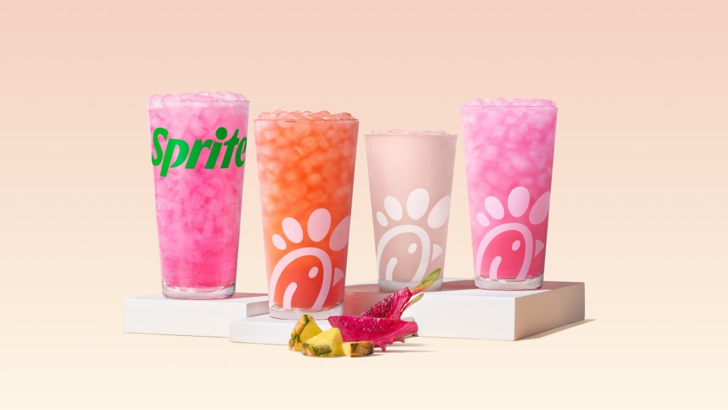 Chick-fil-A Pineapple Dragonfruit beverages sitting on risers.