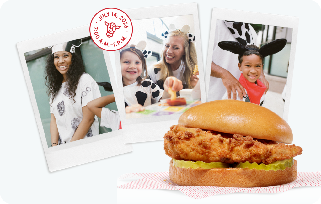 Chick-fil-A® Chicken Sandwich with three Polaroid-style photos with people dressed up as cows on them