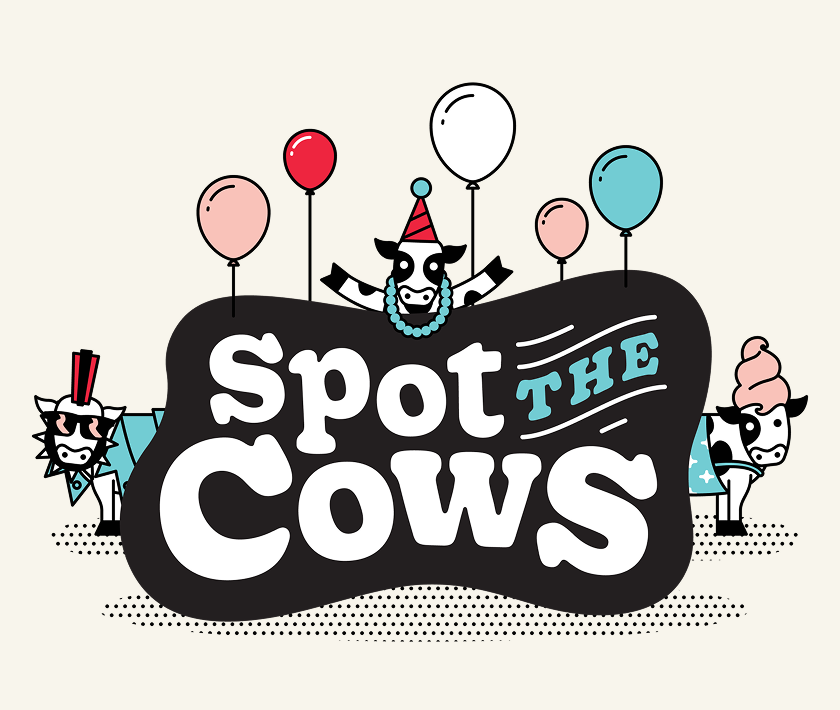 A graphic with cows and balloons around a "Spot the Cows" sign