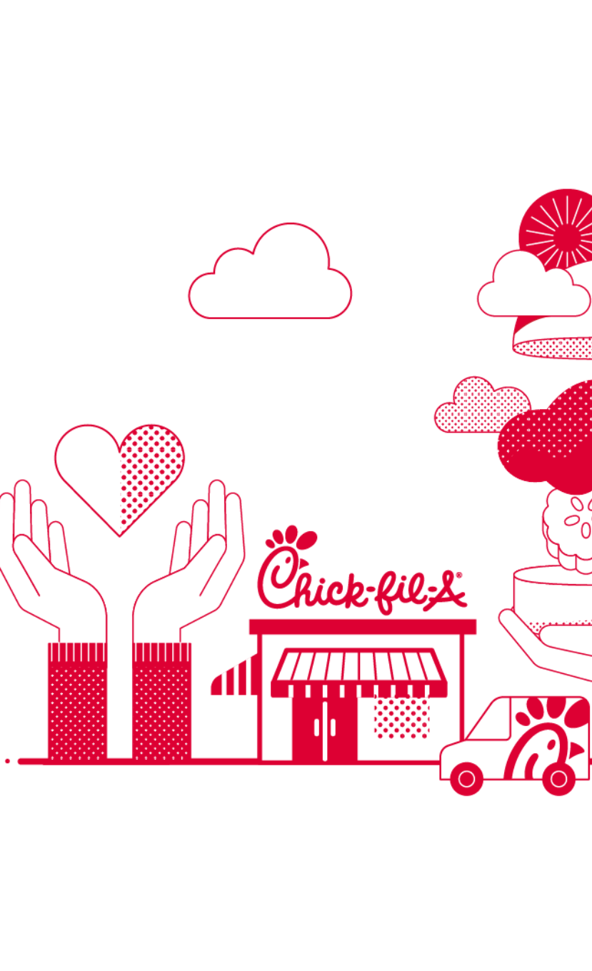 An illustration of hands holding a check, a shovel, a Chick-fil-A® Chicken Sandwich and a heart with balloons and clouds around them